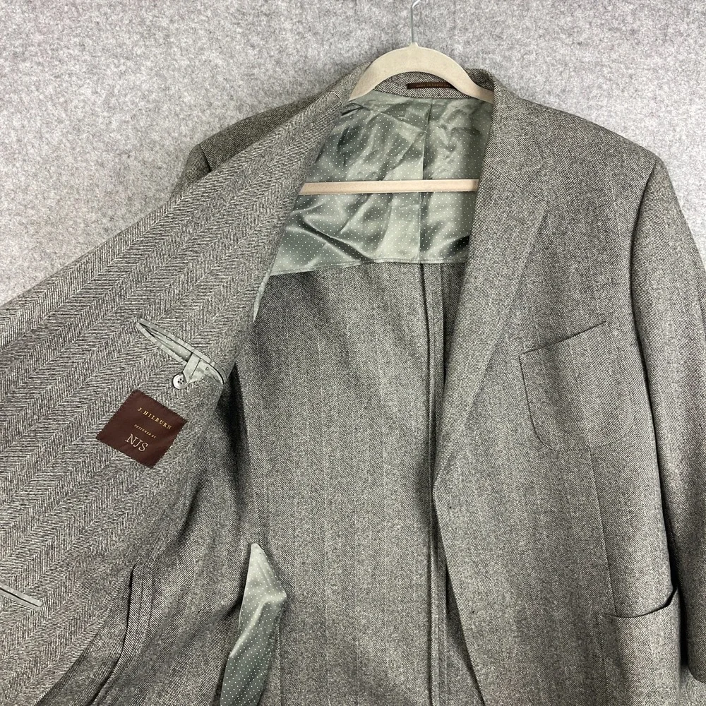 J. Hilburn Wool Blazer Mens 47S Gray Herringbone Elbow Patch Vitale Barberis